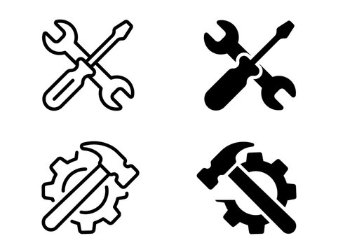 Tools and construction equipment icon set with wrench screwdriver and hammer