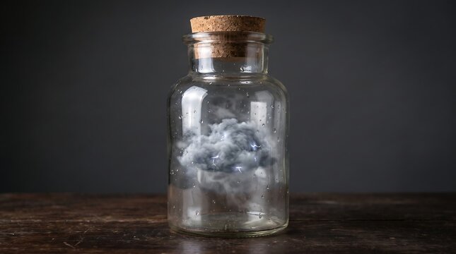 Small fluffy white cloud captured and trapped inside a clear glass jar with a cork stopper on a wooden table glass bottle surreal object sky in bottle magical jar