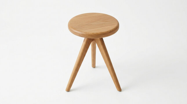Modern minimalist wooden tripod stool with a round oak seat and three angled legs isolated on a clean white background showcasing Scandinavian furniture design