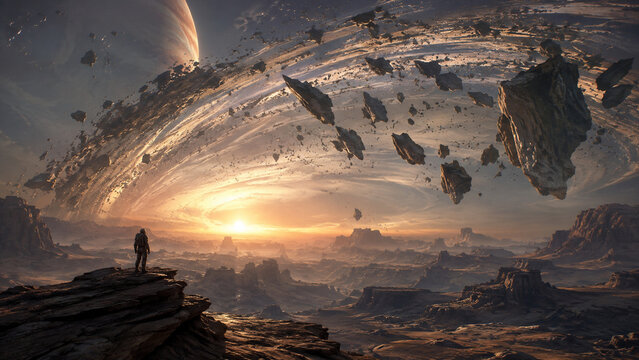 Astronaut Beneath a Shattered Planetary Ring of Floating Rock Fragments Over a Surreal Alien Desert