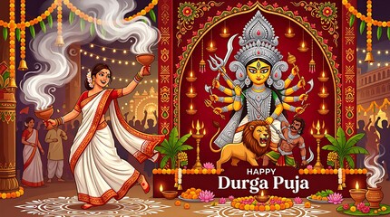 Naklejka premium Festive durga puja celebration with traditional dance and goddess idol