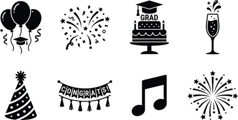 Fototapeta premium Graduation celebration icon collection with balloons, confetti, cake, champagne, party hat, banner, music and fireworks