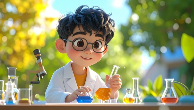 Little boy scientist in white lab coat with chemistry equipment