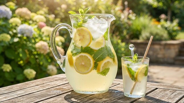 Vibrant pitcher and glass of homemade refreshing iced lemonade with fresh juicy yellow lemon slices and vibrant green mint leaves on a wooden table outdoors in.