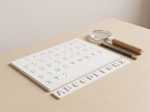 A white braille writing board and stylus rest on a light colored wooden desk aiding tactile learning accessibility adaptive aid