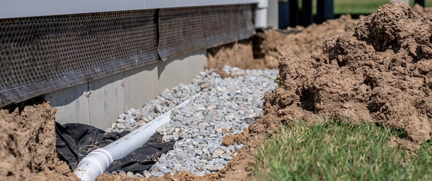 Home foundation drainage system installation with gravel, pipe, and landscape fabric