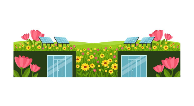 Eco-Friendly Underground Houses with Solar Panels and Wildflowers Illustration