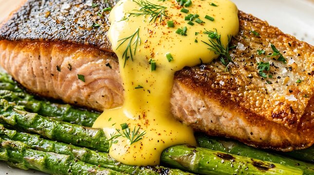 Deliciously Grilled Salmon Fillets Topped with Creamy Hollandaise Sauce and Fresh Dill, Served Over a Bed of Vibrant Green Asparagus Spears, Perfect for Culinary.