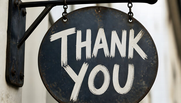 Vintage hanging round Thank You sign with white hand-painted lettering