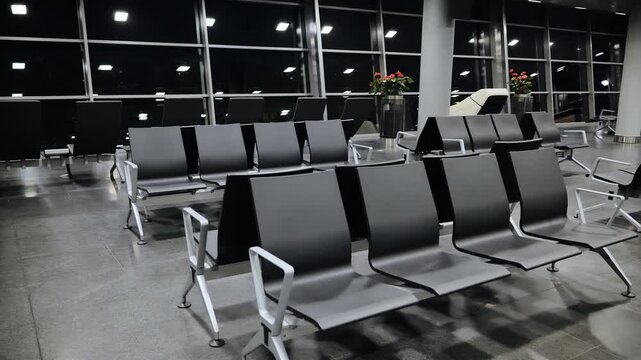 Empty black seats and glass walls create a calm Riga airport night scene