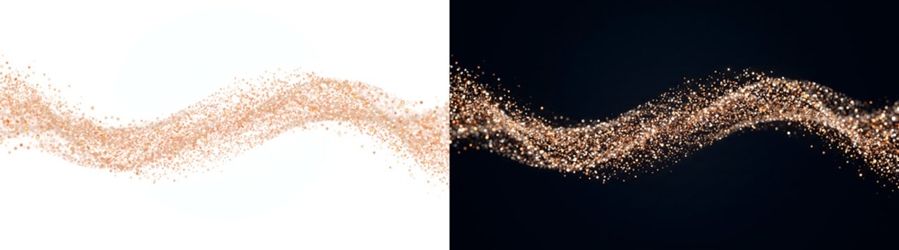 Gold glitter particle wave flowing smoothly with sparkling shimmer great for luxury elegant design with PNG, Transparent and Black Background Versions