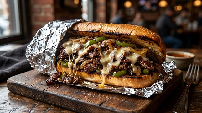 Deliciously messy gourmet Philly cheesesteak sandwich filled with tender shaved beef, melted mozzarella, bell peppers, and onions, served on a toasted wooden board.