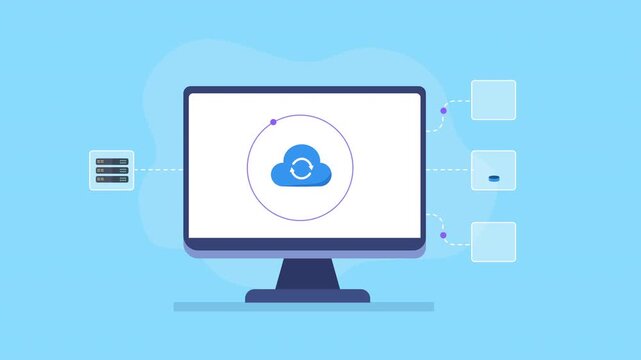 Animated video showing cloud data backup and synchronization on a computer monitor, connected to server, folder, database security, and history icons on a blue background.
