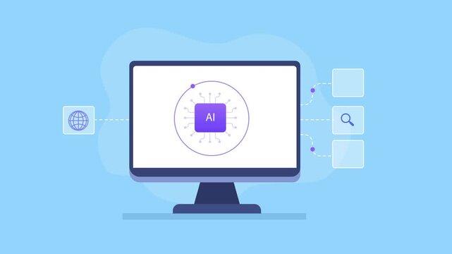 Animated video showing artificial intelligence technology on a computer monitor, connected to analytics, search, globe, and lightbulb icons on a blue background.