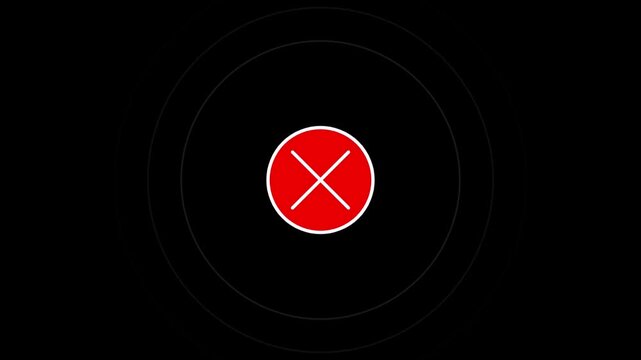 Red cross mark icon with pulsing circle rings animation on a dark black background