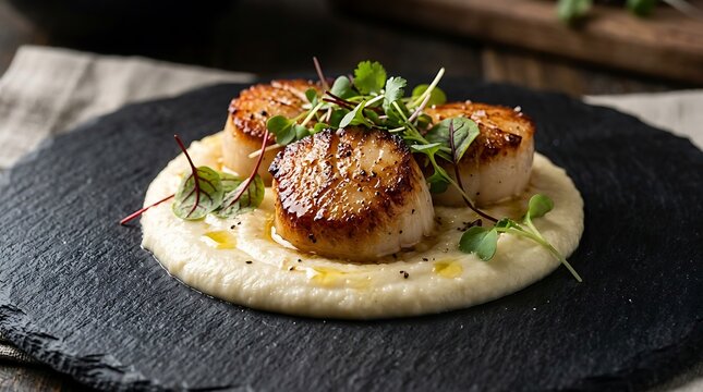 Gourmet seared scallops with creamy parsnip puree and microgreens on a black slate plate, elegant fine dining seafood dish presentation for upscale menu.