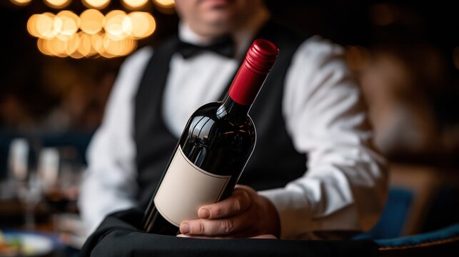 Professional waiter holding a bottle of red wine with a blank label in a dimly lit restaurant, ready for service