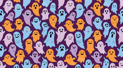 Fototapeta premium Halloween ghost seamless pattern, cute spooky spirits on purple background, colorful cartoon ghost vector illustration for festive wallpaper