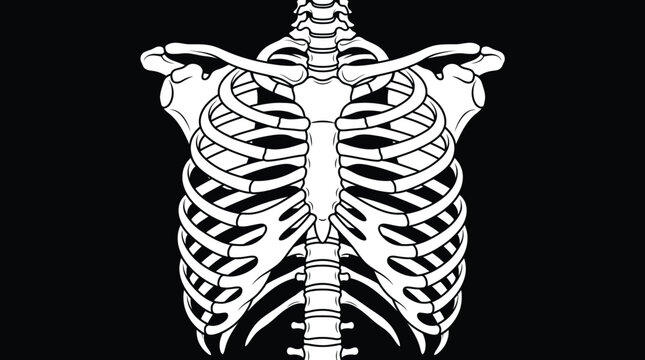 Anatomical human rib cage vector illustration. White skeleton chest bones on black background. Medical ribcage diagram for biology education.