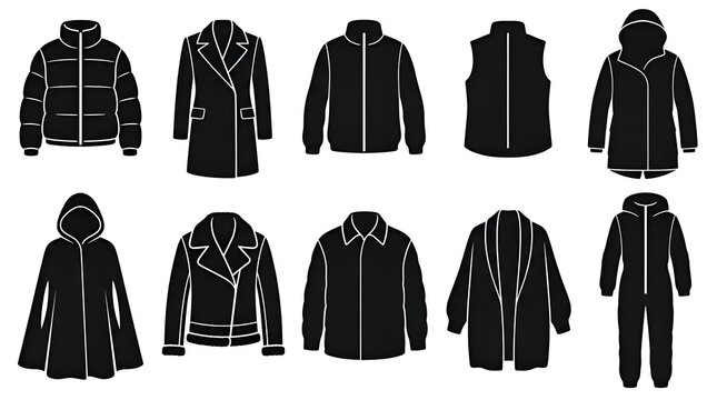 Winter Outerwear Clothes Puffer Jacket Coat and Parka Vector Silhouette Icon Set
