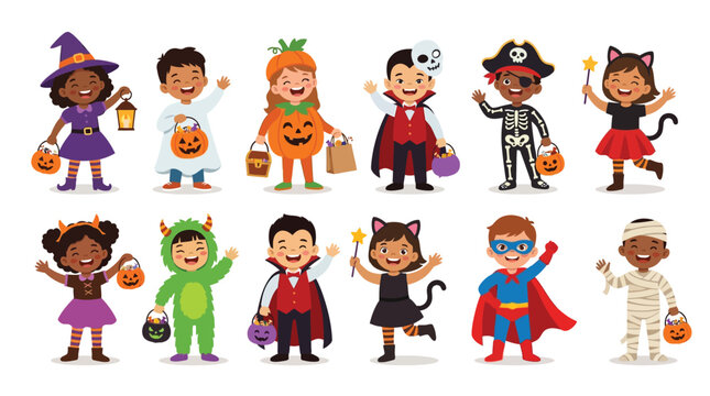 Halloween kids in costumes vector set, diverse children trick or treating characters, cute cartoon halloween party illustrations