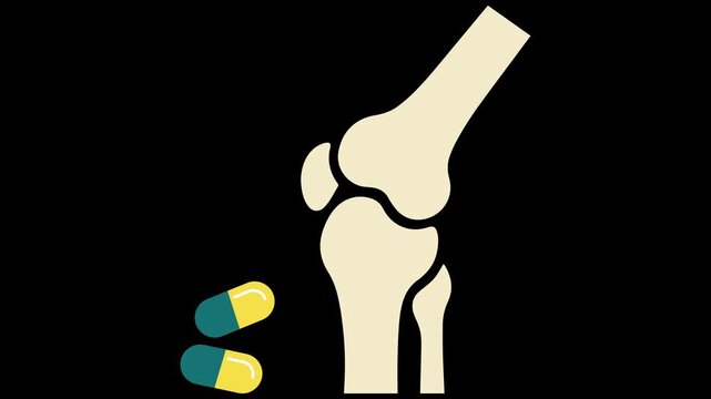 Human knee bone joint with medical pills treating arthritis joint pain