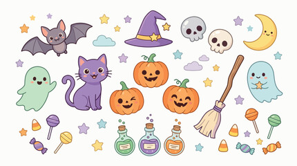 Obraz premium Kawaii Halloween vector sticker set, cute spooky characters with pumpkins and ghosts, pastel holiday clip art collection