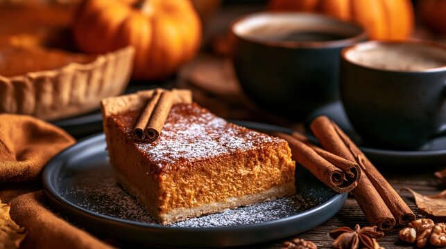 Slice of pumpkin pie with cinnamon sticks and coffee cups on rustic wooden table during autumn