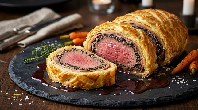 Gourmet Beef Wellington sliced on a rustic slate board with flaky golden puff pastry tender pink beef mushroom duxelles for upscale holiday dinner feast.