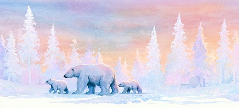 Iridescent snow under white Christmas trees where polar bear family walks, watercolor sunset pastels, airy composition, wide text margins