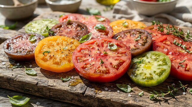 Vibrant fresh colorful sliced heirloom tomatoes arranged beautifully on a rustic wooden cutting board with fresh green basil herbs, salt and olive oil for cooking.