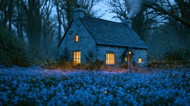 Dusk light bathes bluebell field and stone cottage with glowing windows, golden sparkles floating softly, dreamy tranquil mood