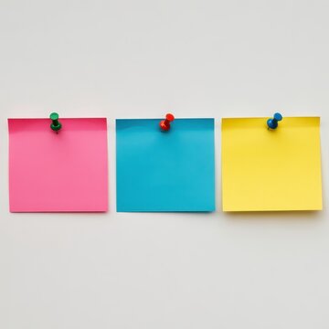 Three colorful sticky notes pinned to a clean wall isolated on white background. Great for office reminders and task management concepts.