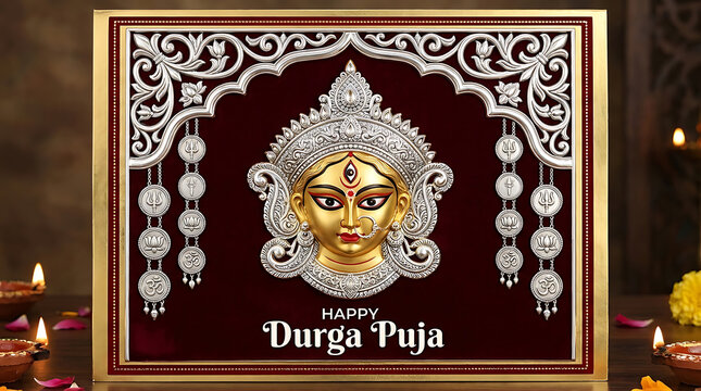 Decorative durga puja greeting card featuring a golden goddess face