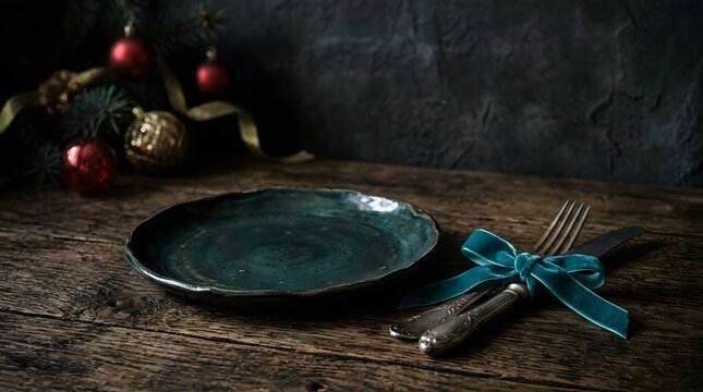 A beautifully styled christmas scene featuring a dark teal plate with a festive blue ribbon