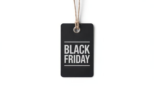 A black paper tag with Black Friday text hanging from a string isolated on white background. Perfect for seasonal sales promotion campaigns.