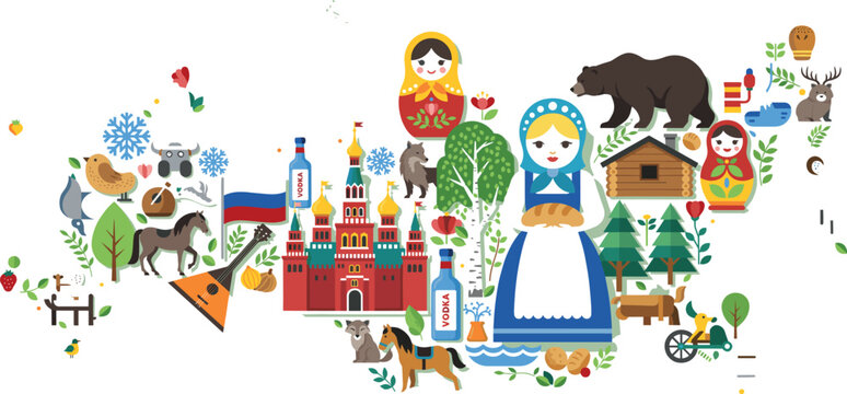 Russia Map Concept Illustration featuring Traditional Cultural Icons, Matryoshka Dolls, Kremlin, Bear, and Folklore Symbols for Travel and Tourism Graphic Designs