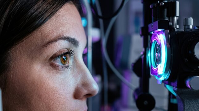 Woman undergoes professional eye examination with glowing blue diagnostic tool for advanced medical healthcare.