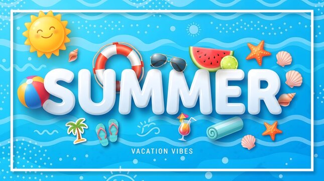 Summer concept banner with beach items and 3D text