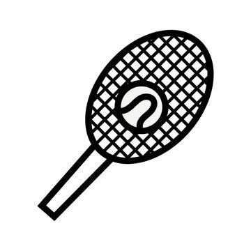 Minimal Racket and Question Mark Line Icon. Minimal black outline icon of a sports racket with a question mark, suggesting uncertainty, sports equipment, game choice, or tennis.