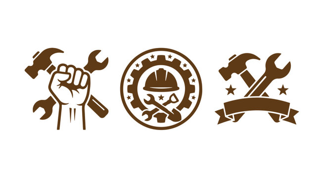 Set of brown worker fist with tools construction emblem inside gear crossed tools ribbon banner icons gear badge labor sign industry graphic repair badge vector symbol