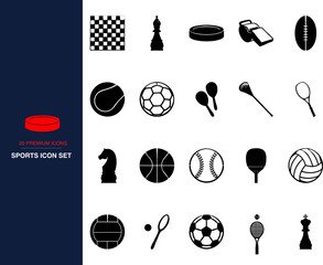 20 Premium Sports Icon Set, a comprehensive collection of black silhouette athletic equipment and game elements. Modern vector graphics for fitness, competition, and healthy lifestyle designs. © Khalid