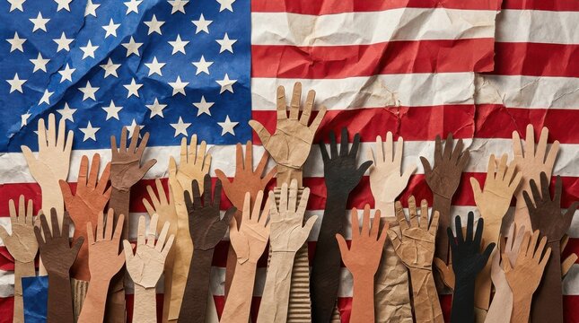 Diverse paper cutout hands raised together against textured american flag background celebrating unity.