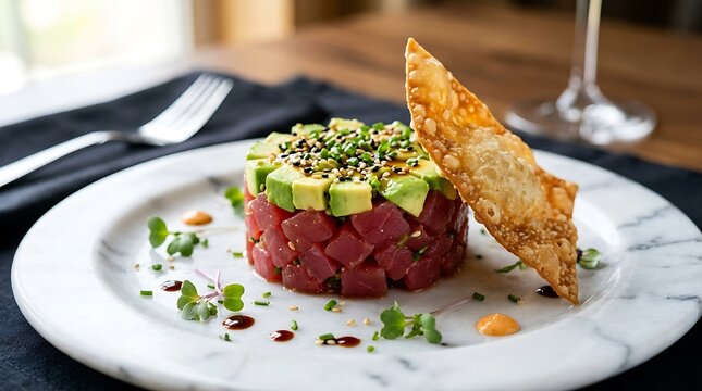 Gourmet raw tuna tartare with creamy avocado, crispy wonton cracker, and microgreens artfully plated on a white marble dish for fine dining commercial use.