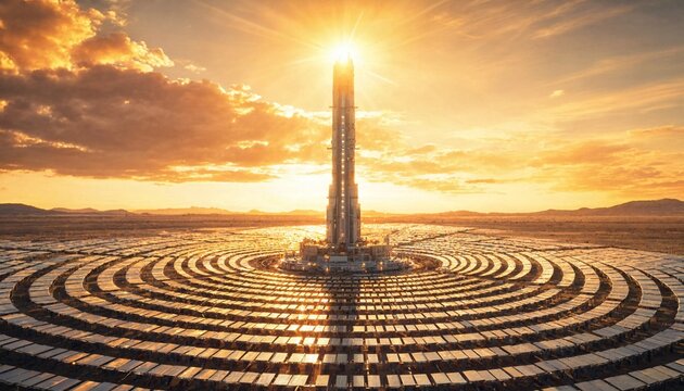 Concentrated Solar Power Plant with Central Tower at Sunset