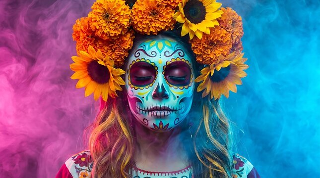 Woman with sugar skull makeup and yellow flower crown for day of the dead celebration