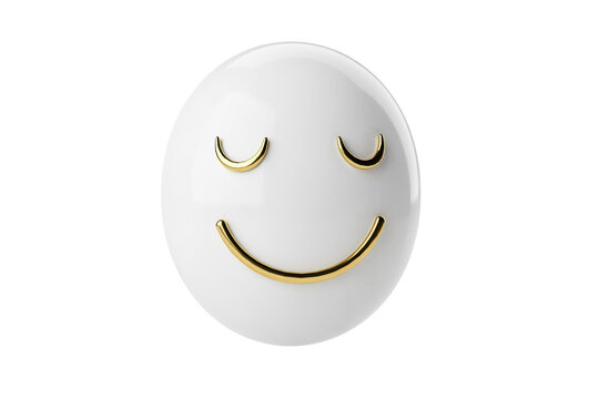 Glossy white oval shaped featuring a gold metallic smiling face with closed eyes, minimalist 3 d render isolated on a transparent background