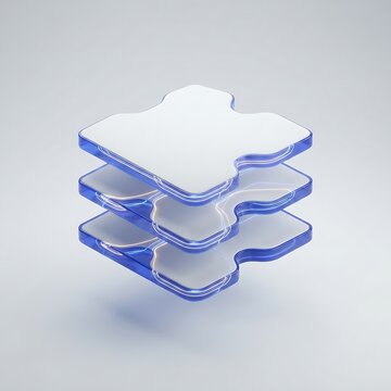 3D map layers icon with glowing blue glass plates isolated on light background