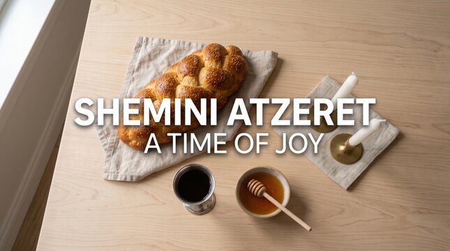 Braided challah bread on linen cloth with honey bowl wooden dipper wine cup and two white candles on a light wood table for jewish holiday celebration
