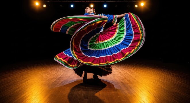 A vibrant traditional dress with layered ruffles swirls during a rhythmic performance on a wooden stage under warm, dramatic stage lighting, wood, elegance, folklore